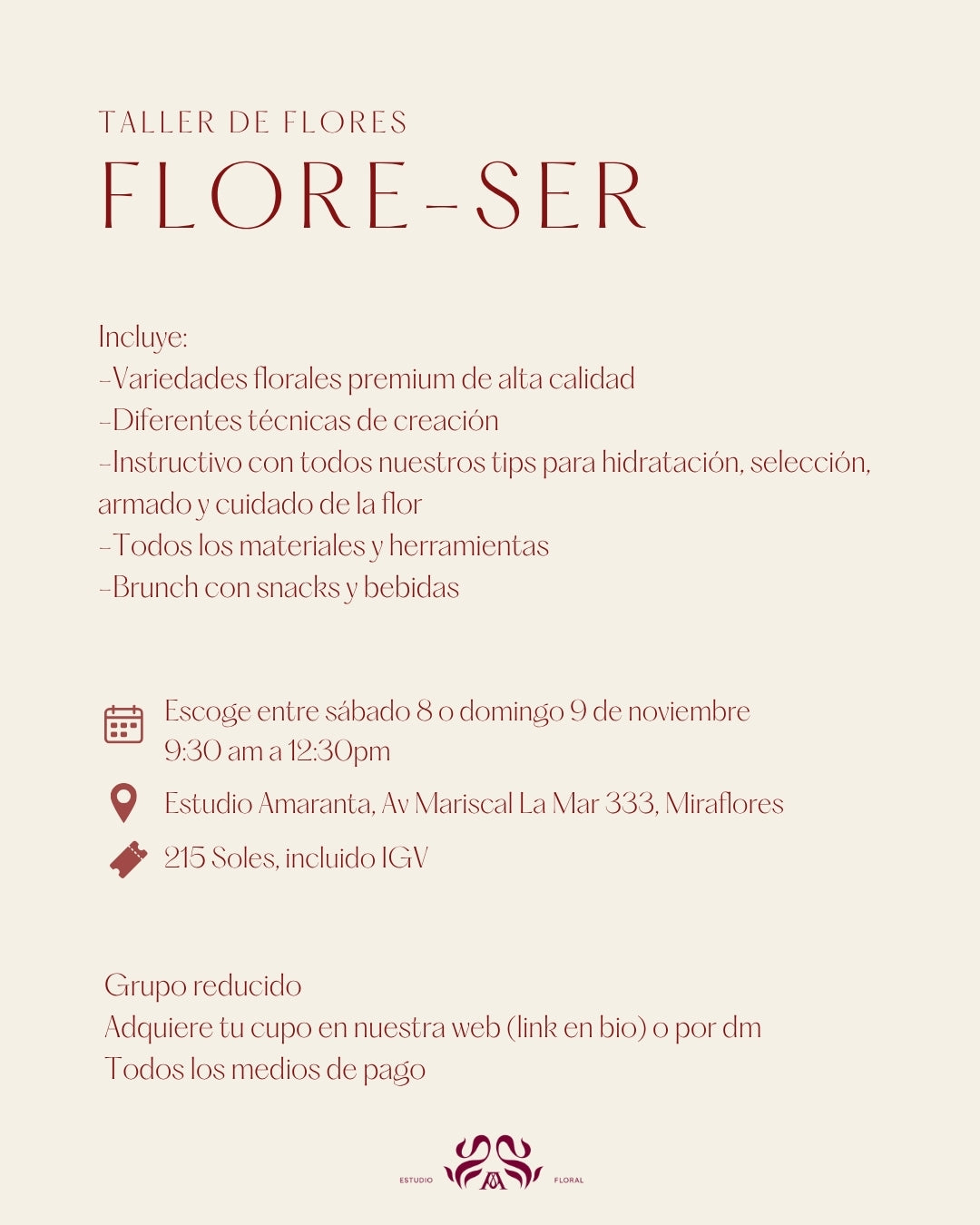 Sábado 8 nov - Taller armado de ramo y brunch Flore-ser x Amaranta Estudio Floral